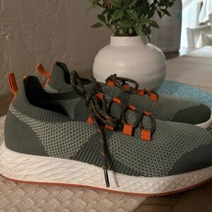Pull & Bear Mens Knit Slip-On Sneakers in Olive Green with Orange Accents
